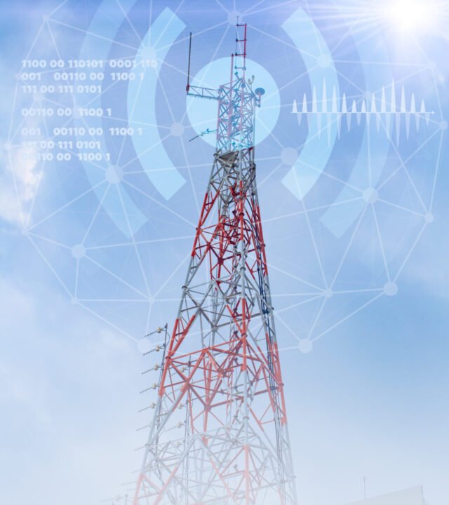 5G data network communication tower cell site overlay with illustration of business data technology application vertical shot